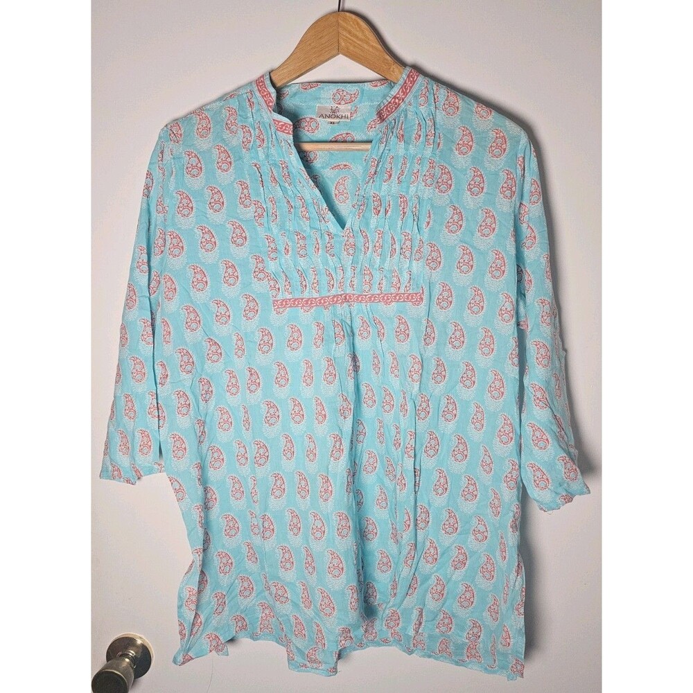Anokhi Size XL Blue Paisley Block Print Cotton Tunic Top 3/4 Sleeve Boho India